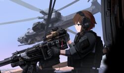  1girl absurdres aircraft aircraft_turret ammunition_pouch attack_helicopter brown_hair bulletproof_vest cannon cqcnorthfish flying gloves gun headphones helicopter highres load-bearing_vest long_sleeves military military_vehicle optical_sight original outdoors pouch short_hair sky solo tactical_clothes tactical_gloves vehicle_focus weapon 
