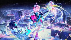  2girls absurdres ahoge backpack bag belt_bag black_hair black_sleeves blue_jacket building chinese_commentary chunzhou_jingmang city city_lights coil commentary_request denim denim_shorts dress from_side full_body fur-trimmed_shorts fur_trim ghost hair_over_one_eye hand_on_headphones headphones heart highres jacket linko_(nte) long_sleeves loose_socks multiple_girls neverness_to_everness night one_eye_covered open_clothes open_jacket pink_bag pink_eyes pink_hair pink_socks rooftop shoes short_hair shorts sky smile sneakers socks standing star_(sky) starry_sky thigh_strap white_dress white_shoes xiaozhen_(nte) 