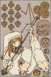  1girl abstract_background architecture baby_animal baggy_clothes bird blonde_hair christianity clown_makeup club_(shape) collar constellation dove frilled_collar frills gold_trim grey_background hat holding holding_staff holy_trinity_symbolism jester jester_cap jester_costume lamb long_hair mesoamerican_architecture on_ground original pantsu-ripper puffy_pants puffy_sleeves rolling_eyes sheep solo solo_focus staff symbolism 