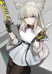  1girl absurdres animal_ears arknights arknights:_endfield bare_shoulders bird_ears bird_girl black_gloves black_pantyhose blue_eyes breasts chinese_commentary clipboard closed_mouth commentary_request dress gloves grey_hair highres holding holding_clipboard jacket long_hair looking_at_viewer lx.hk medium_breasts multicolored_gloves off_shoulder pantyhose perlica_(arknights) solo two-sided_gloves two-tone_gloves white_dress white_jacket yellow_gloves yellow_pupils 
