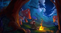  1other absurdres ambiguous_gender black_pants black_shirt branch campfire commentary_request electrotinette english_commentary facing_away fire forest french_commentary from_behind full_moon highres holding holding_branch landscape long_sleeves meadow mixed-language_commentary moon mushroom nature night on_ground original outdoors oversized_plant pants red_hair scenery shirt short_hair sitting tree wide_shot 