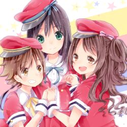  3girls asymmetrical_bangs beret black_hair blue_bow bow brown_eyes brown_hair buttons collared_shirt colorful_background commentary_request green_eyes grin hat hat_bow holding_hands honda_mio idolmaster idolmaster_cinderella_girls jacket long_hair medium_hair multiple_girls new_generations_(idolmaster) niina_(satoko777) open_mouth pleated_shirt red_hat red_jacket red_skirt shibuya_rin shimamura_uzuki shirt short_hair short_hair_with_long_locks sidelocks simple_background skirt sleeve_cuffs smile star_(symbol) star_symbol_background upper_body white_shirt white_wrist_cuffs wrist_cuffs yellow_bow 