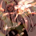  artist_request bwb33 fire foreshortening fujiwara_no_mokou grin hair_ribbon long_hair outstretched_arm outstretched_hand pants red_eyes ribbon shirt silver_hair smile smirk solo suspenders touhou twilight white_shirt 
