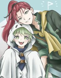  2boys belt belt_buckle buckle buttons capelet chinon0420 fire_emblem fire_emblem_heroes ghost_costume green_eyes green_hair grin hair_ribbon halloween_costume happy highres leaning_to_the_side long_hair male_focus multiple_boys official_alternate_costume open_mouth ponytail red_hair ribbon rolf_(fire_emblem) rolf_(halloween)_(fire_emblem) shinon_(fire_emblem) short_hair smile straight-on teeth upper_body yellow_capelet 