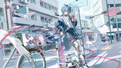  1boy :d absurdres against_railing ahoge animal_ear_fluff belt bicycle billboard bird black_belt black_choker black_jacket black_shorts blanketwt blue_eyes blue_hair blue_tail building car character_request choker commission copyright_request cup disposable_cup drawstring drinking_straw fire_hydrant full_body green_eyes hair_between_eyes hair_intakes hair_ornament heterochromia highres holding holding_cup jacket jewelry kneehighs legwear_garter long_hair long_sleeves male_focus mihuashi_commission motor_vehicle necklace open_clothes open_jacket open_mouth pavement railing road scenery shirt shoes shorts sign smile sneakers socks solo standing suspenders tactile_paving tail thigh_strap traffic_light urban very_long_hair watermark white_bird white_shirt white_shoes white_socks 