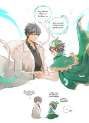  2boys absurdres black_hair braid chibi coat feathers genshin_impact green_hair hat highres holding_hands kim_dokja multiple_boys omniscient_reader's_viewpoint short_hair smile speech_bubble talking upper_body venti_(genshin_impact) white_background 