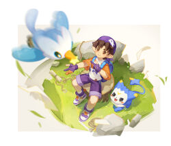  1boy backpack bag bird blurry blurry_foreground border boy_roco_(roco_kingdom:_world) brown_eyes brown_hair child chinese_commentary closed_mouth commentary_request dimo_(roco_kingdom:_world) falling_leaves fingerless_gloves gloves grass hat highres leaf male_focus meadow outdoors pointy_ears pokemon_(creature) purple_gloves purple_shorts rock roco_kingdom roco_kingdom:_world shirt shoes short_hair short_sleeves shorts sitting smile wanqiang_shilaimu white_border white_shirt xuerong_bird_(roco_kingdom:_world) 