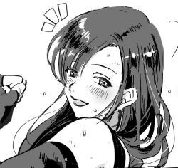  1girl aruhino bare_shoulders blush bruise bruise_on_face clenched_hand commentary_request earrings elbow_gloves final_fantasy final_fantasy_vii final_fantasy_vii_remake fingerless_gloves from_side gloves greyscale injury jewelry long_hair looking_at_viewer looking_to_the_side monochrome notice_lines open_mouth portrait simple_background smile solo suspenders sweat tifa_lockhart upper_body white_background 
