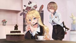 2girls :d afterimage animal_ears arm_behind_back bell black_choker black_gloves black_hairband black_pantyhose black_shirt black_skirt blonde_hair blue_eyes blurry blurry_background blush breasts brown_hair buttons cake cat_ears center_frills chinese_commentary choker closed_mouth collarbone collared_shirt commentary_request cup durandal_(honkai_impact) earrings eyelashes fake_animal_ears fangs finger_to_mouth flower food frilled_sleeves frills gloves hair_between_eyes hair_over_one_eye hairband hand_up hands_up highres holding_hairband homu_(honkai_impact) honkai_(series) honkai_impact_3rd index_finger_raised indoors jewelry jingle_bell large_breasts light_particles long_hair long_sleeves mole mole_under_eye motion_lines multiple_girls one_eye_covered open_mouth own_hands_together pantyhose parted_bangs red_eyes red_ribbon ribbon rita_rossweisse saucer second-party_source shirt shirt_tucked_in short_hair shushing sidelocks single_glove sitting skirt sleeve_cuffs smile stan_(honkai_impact) standing swept_bangs table teacup thigh_strap tray upper_body ura_(hamburg_oniku) wavy_hair white_shirt wing_collar zipper 
