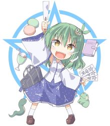  1girl arm_up bag black_bag blue_skirt brown_shoes cherry chibi chibi_only collared_shirt commentary_request detached_sleeves food frog frog_hair_ornament fruit full_body gohei green_hair hair_ornament hair_tubes holding holding_gohei ice_cream ice_cream_float ichidai_taisa kochiya_sanae loafers macaron magic_circle ofuda open_mouth school_bag shirt shoes single_hair_tube skirt sleeveless sleeveless_shirt smile snake snake_hair_ornament socks solo touhou white_shirt white_socks yellow_eyes 
