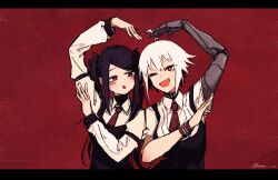  2girls absurdres black_hair blush commentary dana_zane english_commentary heart_arms heart_arms_duo highres jill_stingray long_hair mechanical_arms multiple_girls necktie one_eye_closed open_mouth red_eyes red_necktie rnna shirt short_sleeves single_mechanical_arm twintails va-11_hall-a white_shirt 