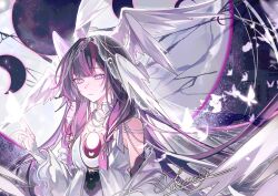  1girl absurdres adapted_costume artist_name bare_shoulders black_hair blunt_bangs bow bowtie breasts bright_pupils bug butterfly choker closed_mouth collarbone colored_inner_hair columbina_(genshin_impact) commentary crescent crescent_hair_ornament detached_sleeves dress eyelashes feathered_wings fuzijo genshin_impact gradient_hair hair_ornament hair_tubes hand_up head_wings highres jewelry long_hair long_sleeves looking_at_viewer medium_breasts multicolored_hair multiple_wings necklace pearl_necklace pink_hair see-through_clothes see-through_veil sidelocks sleeveless sleeveless_dress solo two-tone_hair veil very_long_hair violet_eyes white_bow white_bowtie white_butterfly white_choker white_dress white_pupils white_sleeves wide_sleeves wings x_hair_ornament 