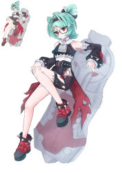  1girl absurdres bare_shoulders black_hairband black_shirt black_shorts commentary detached_sleeves green_hair hair_ornament hairband hairclip hand_on_own_knee high-waist_shorts highres leaning_on_object looking_at_viewer loplapzgg pointy_ears red_eyes roxy_ifrita_pryce scar scar_on_leg scar_on_shoulder shirt shoes shorts simple_background spiked_shoes spikes white_background zenless_zone_zero 