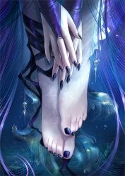  1girl barefoot bridal_gauntlets bubble close-up commentary english_commentary feet fingernails foot_focus hamel_(path_to_nowhere) hand_focus highres jewelry long_fingernails nail_polish path_to_nowhere purple_bridal_gauntlets renepolumorfous toenail_polish toenails underwater 