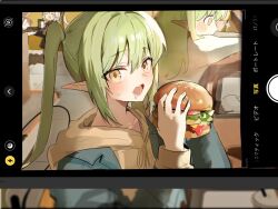  4girls blue_archive blue_jacket blush bow_hairband burger cellphone cellphone_photo chicken_nuggets commentary_request cup demon_girl demon_tail disposable_cup drinking_straw eating fast_food food green_hair hairband halo highres holding holding_burger holding_food hood hood_down hoodie hutomomo117 indoors jacket long_hair looking_at_viewer multiple_girls open_clothes open_jacket open_mouth orange_hairband phone pointy_ears red_halo restaurant saliva siblings sisters smartphone sparkle sweatdrop tail taking_picture tray twins twintails window yellow_eyes yellow_hoodie 