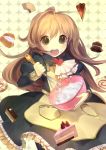  bad_id batter bowl brown_eyes brown_hair cake cooking cream_puff doughnut dress food food_on_face fruit heart heart_background highres long_hair open_mouth original pastry solo strawberry takekono thigh-highs thighhighs whisk 