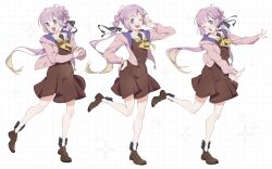  1girl :d ;d \||/ absurdres ahoge anyoji_hime black_bow black_ribbon blue_eyes blush bow bow_legwear brown_dress brown_shoes chestnut_mouth chinese_commentary commentary dress full_body grid_background hair_ribbon hand_on_own_hip hasu_no_sora_school_uniform highres hood hood_down hooded_jacket jacket leg_up loafers long_sleeves love_live! love_live!_hasu_no_sora_jogakuin_school_idol_club medium_dress multi-tied_hair multiple_views neckerchief ok_sign one_eye_closed open_clothes open_hand open_jacket open_mouth pink_jacket pleated_dress ponytail ribbon ruoguiling sailor_collar sailor_dress school_uniform shoes smile sparkle standing standing_on_one_leg steepled_fingers virtual_youtuber white_background white_sailor_collar winter_uniform yellow_neckerchief 