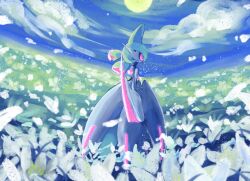  arm_blade black_sclera colored_sclera digi_tallop field flower flower_field highres humanoid_robot iron_valiant no_humans outdoors pink_eyes pokemon pokemon_(creature) pokemon_focus robot waist_cape weapon white_flower 