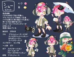  1boy adjusting_clothes adjusting_headwear black_shorts boots commentary_request drinking egg gloves green_boots headphones holding holding_egg mohawk multiple_views musical_note necktie octoling octoling_boy octoling_player_character open_mouth orange_overalls overalls pink_hair rubber_boots rubber_gloves salmon_run_(splatoon) shorts splatoon_(series) striped_clothes striped_necktie tentacle_hair translation_request weapon_request yoshishi_(yosisitoho) 