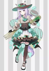  1girl anbutter_siruko animal_ears aqua_ascot ascot asymmetrical_legwear blush braid brown_corset closed_mouth commentary_request corset ears_through_headwear food fork hat highres holding holding_fork horse_ears horse_girl horse_tail long_hair long_sleeves looking_at_viewer macaron mejiro_mcqueen_(umamusume) mismatched_legwear mismatched_thighhighs oversized_fork purple_hair shirt shoes skirt smile solo tail thigh-highs twin_braids umamusume violet_eyes white_shirt 