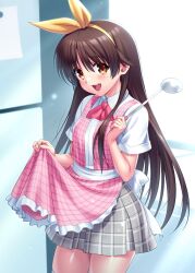  1boy :d adapted_costume alternate_hair_length_(longer) apron apron_hold blush bow bowtie brown_eyes brown_hair collared_shirt commentary commission dress_shirt english_commentary eyes_visible_through_hair frilled_apron frills furrowed_brow grey_skirt hair_between_eyes hair_ribbon hairband hands_up holding holding_ladle indoors jpeg_artifacts kitchen ladle little_busters! little_busters!_school_uniform long_hair looking_at_viewer male_focus miniskirt naoe_riki open_mouth pink_apron pink_bow pink_bowtie plaid_apron plaid_clothes plaid_skirt pleated_skirt ribbon school_uniform shirt short_sleeves skeb_commission skirt smile solo straight_hair tareme teeth trap upper_teeth_only very_long_hair white_shirt yellow_hairband yellow_ribbon zen_(kamuro) 
