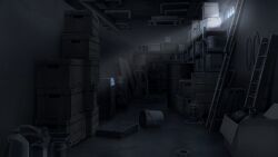  box bucket cardboard_box crate dark dim_lighting game_asset hentai_prison highres indoors industrial_pipe ladder mikago_kotaro no_humans non-web_source official_art scenery self-datamine sunlight variant_set visual_novel_cg window 