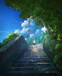  1girl bag blue_necktie blue_shirt blue_skirt blue_sky brown_hair clouds commentary cyclecircle day highres long_hair looking_at_viewer minakami_mai miniskirt mirror necktie nichijou outdoors pleated_skirt power_lines railing road_sign scenery school_bag shirt short_sleeves sign skirt sky solo stairs standing traffic_mirror tree utility_pole very_wide_shot 