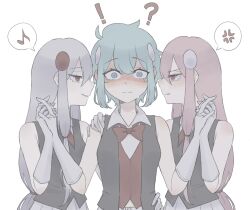  ! !? 3girls ? anger_vein aqua_eyes aqua_hair beatspell black_vest blue_eyes blue_hair blush bow bowtie closed_mouth commentary_request eighth_note elbow_gloves embarrassed girl_sandwich gloves grey_hair hair_ornament hand_on_another's_hip hand_on_another's_shoulder highres holding_hands interlocked_fingers jealous kyameru212 long_hair looking_at_another low-tied_long_hair multiple_girls musical_note narra_(beatspell) nose_blush pink_eyes pink_hair pleated_skirt red_bow red_bowtie red_eyes rhythm_tengoku rhythm_tengoku_miracle_stars sandwiched shirt short_hair sidelocks simple_background skirt sleeveless sleeveless_shirt smile speech_bubble spoken_anger_vein spoken_interrobang spoken_musical_note upper_body very_long_hair vest white_background white_gloves white_hair white_skirt wide-eyed yu_(beatspell) yuri 