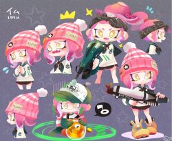  1girl beanie black_neckerchief blush commentary_request egg flying_sweatdrops grey_background gun hat holding holding_gun holding_weapon multiple_views neckerchief nervous octoling octoling_girl octoling_player_character orange_shoes pink_hair pink_hat pom_pom_(clothes) pom_pom_beanie ponytail salmon_run_(splatoon) shoes speech_bubble splatoon_(series) tears tentacle_hair weapon weapon_request yellow_eyes yoshishi_(yosisitoho) 