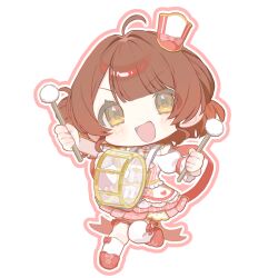  1girl :d ahoge asymmetrical_legwear ben-day_dots blush bow bow_legwear bowtie brooch brown_hair chibi chibi_only commentary_request dot_nose drum full_body gakuen_idolmaster gem hair_bun hanami_ume hat hat_bow head_tilt highres holding idolmaster instrument jewelry layered_skirt looking_at_viewer mallet_(instrument) medium_hair mini_hat mini_shako_cap multicolored_skirt open_mouth orange_eyes outline outstretched_arm pink_outline pink_skirt red_bow red_gem red_hat red_ribbon red_shoes ribbon screentones shako_cap shirt shoes short_sleeves simple_background single_side_bun single_sock single_thighhigh skirt smile socks solo standing standing_on_one_leg swept_bangs thigh-highs thigh_bow thigh_strap tilted_headwear uneven_legwear v-shaped_eyebrows white_background white_bow white_bowtie white_shirt white_skirt white_socks white_thighhighs yuusuke_(yyy_xp) 