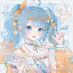  1girl aegyo_sal ahoge artist_name bare_shoulders bcy_username beads bear blue_choker blue_eyes blue_hair blue_nails blue_sky border bow candy cardiogram check_copyright cheek_tattoo choker clouds collarbone collared_jacket contrast_collar copyright_request drawing_(object) eyelashes eyeshadow flower flower_tattoo food food-themed_hair_ornament frilled_jacket frills goggles goggles_on_head green_bow green_ribbon gummy_bear hair_beads hair_bow hair_flower hair_ornament hair_scrunchie hairband hairclip happy heart ice ice_cube jacket light_blush long_hair long_sleeves loose_hair_strand makeup multicolored_nails nail_art neck_ribbon open_clothes open_jacket open_mouth orange_jacket orange_nails original outside_border paper_airplane parallel_hairclips petals pink_eyeshadow price_tag puffy_long_sleeves puffy_sleeves ribbon sample_watermark scrunchie sky sleeve_bow smile solo spaghetti_strap sparkle strawberry_hair_ornament string_around_finger sun_symbol tank_top tareme tattoo teeth third-party_source tinted_eyewear too_many_watermarks twintails upper_body upper_teeth_only water_drop watermark watermark_grid white_border white_flower white_scrunchie white_tank_top winged_animal yanyan_jiang yellow-framed_eyewear yellow-tinted_eyewear yellow_bow yellow_hairband 