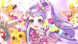  2girls :d absurdres blurry blurry_background bow commentary_request dress dress_bow hair_bow hand_on_own_head highres holding holding_microphone idol long_hair looking_at_viewer manaka_non microphone multiple_girls open_mouth pink_bow pink_dress pink_wrist_cuffs polka_dot polka_dot_bow polka_dot_dress pretty_series pripara purple_hair side_ponytail smile solo_focus taiyo_pepper v very_long_hair violet_eyes wrist_cuffs yanagi_ken 