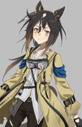  1girl absurdres animal_ears asymmetrical_shirt black_gloves black_hair black_pants blush brown_eyes brown_hair coat ear_covers gloves goggles goggles_around_neck hair_between_eyes highres horse_ears horse_girl horse_tail jiz_(pffbq) long_hair multicolored_hair open_mouth pants shirt simple_background smile solo stay_gold_(sunlit_outsider)_(umamusume) stay_gold_(umamusume) tail torn_clothes torn_coat torn_pants umamusume white_hair white_shirt wrist_belt yellow_coat 
