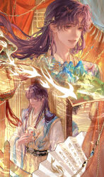  1boy 1girl absurdres aegyo_sal alternate_hair_length_(longer) chinese_clothes chinese_commentary commentary_request hair_ornament hanfu highres holding holding_mask hualushui light_smile long_hair love_and_deepspace male_focus mask multiple_views official_alternate_costume parted_bangs projected_inset protagonist_(love_and_deepspace) purple_hair rafayel_(love_and_deepspace) unworn_mask very_long_hair violet_eyes watermark weibo_watermark white_hanfu 