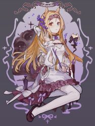  1girl absurdres alternate_costume archetto_(arknights) arknights black_shoes blonde_hair blue_eyes breasts chinese_commentary commentary_request dress dress_ribbon flower frilled_dress frills full_body grey_background hand_up heterochromia highres holding holding_flower hongshaoniuroudamifen long_hair looking_at_viewer purple_flower purple_ribbon red_eyes ribbon shoes sitting small_breasts solo sparkle thigh-highs very_long_hair white_dress white_thighhighs 