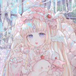  1girl aegyo_sal angel_wings animal artist_request bare_shoulders blonde_hair blue_sky bow bow_choker bowtie braid chair choker clothed_animal commentary cup curtains day detached_sleeves english_commentary eyelashes feathered_wings flag food forehead_jewel frilled_choker frilled_hairband frilled_shirt frilled_sleeves frills fruit gem hair_ornament hair_ribbon hairband halo happy head_wings highres holding holding_animal holding_cup holding_flag holding_rabbit indoors light_blush lipstick lolita_fashion lolita_hairband long_hair long_sleeves looking_at_viewer makeup nostrils on_chair open_mouth original parted_bangs pink_bow pink_bowtie pink_hairband pink_lips pink_sleeves pointy_ears puffy_long_sleeves puffy_sleeves purple_gem purple_ribbon rabbit rabbit_hair_ornament ribbon shirt side_braids sitting sky sleeve_bow smile solo source_request strapless strapless_shirt strawberry sweet_lolita teacup teeth third-party_source tree twin_braids two_side_up upper_body upper_teeth_only very_long_hair violet_eyes white_bow white_choker white_halo white_shirt white_wings window wing_hair_ornament wings 