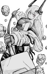  1girl absurdres arknights bare_shoulders closed_mouth commentary fe_(tetsu) foreshortening gloves greyscale hair_between_eyes hammer hatching_(texture) highres holding holding_hammer holding_sledgehammer holding_weapon horns jumpsuit linear_hatching long_hair long_sleeves looking_at_viewer monochrome mudrock_(arknights) mudrock_(elite_ii)_(arknights) off_shoulder pink_eyes pointy_ears rock simple_background sledgehammer solo spot_color standing weapon white_background 
