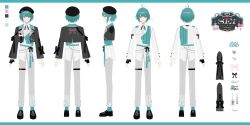  1boy absurdres antenna_hair aqua_hair aqua_socks aqua_vest belt beret black_gloves black_jacket black_shoes character_name collared_shirt color_guide contrast_lapels copyright_name cropped_jacket cross-laced_clothes cross-laced_sleeves facing_away fingerless_gloves flat_color full_body gloves grey_pants hat highres jacket lapels letterboxed long_sleeves loose_belt male_focus multiple_views neck_ribbon nez39 official_art open_clothes open_jacket pants pink_eyes reference_sheet ribbon second-party_source shirt shoes short_hair simple_background single_glove socks standing thigh_strap turnaround two-tone_vest untied_ribbon utaite vest virtual_youtuber wallet_chain white_background white_vest 