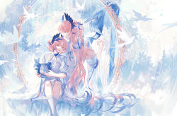  2boys arknights bird blue_hair chinese_commentary closed_eyes collared_shirt commentary_request dove dress dual_persona feet_out_of_frame hair_ornament harp head_wings highres holding holding_instrument instrument long_hair multicolored_hair multiple_boys multiple_girls open_mouth passenger_(arknights) passenger_(young)_(arknights) pink_hair playing_instrument puffy_sleeves shirt short_hair short_sleeves shorts sitting smile socks sui_(blackcatsui_yoi) very_long_hair white_dress white_socks wings 