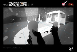  bus commentary concept_art english_commentary false_memory flashlight flashlight_beam greyscale hand_focus highres holding holding_flashlight hougehou monochrome motor_vehicle mountain no_lineart official_art plant scenery snowing 