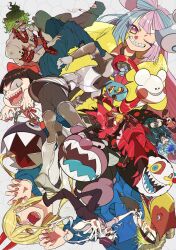  4girls 6+boys alastor_(hazbin_hotel) annotated anpanman armor armored_skirt baikinman bell biting black_eyes black_gloves black_hair black_pants black_shirt blonde_hair blue_eyes blue_hair blue_jacket blue_skin blue_tongue body_markings bokurano bow breastplate chain_chomp chainsaw_man charlotte_(madoka_magica) cheshire_cat_(yugami_no_kuni_no_alice) claw_pose colored_sclera colored_skin colored_teeth colored_tongue commentary_request creature crossover double_bun evil_smile eyepatch facial_mark fedora fins fish_girl gegege_no_kitarou gloves green_hair grey_background grin gyuutarou_(kimetsu_no_yaiba) hair_bow hair_bun hand_up hands_up hat hazbin_hotel head_fins hellaverse highres honeycomb_(pattern) honeycomb_background hood hood_up hoodie horns idia_shroud iono_(pokemon) jacket jingle_bell kimetsu_no_yaiba koyemshi kura_sushi long_hair looking_at_viewer mahou_shoujo_madoka_magica mahou_shoujo_madoka_magica_(anime) majin_tantei_nougami_neuro multicolored_eyes multicolored_hair multiple_boys multiple_girls nail_biting nail_polish nekomusume nekomusume_(gegege_no_kitarou_1) night_raven_college_school_uniform nougami_neuro ohyou_wake one_eye_closed pants pauldrons pink_eyes pink_hair pokemon pokemon_scarlet_and_violet ponytail power_(chainsaw_man) red_bow red_eyes red_hair red_horns red_jacket red_nails red_sclera ringed_eyes saliva school_uniform sharp_teeth shirt short_hair shoulder_armor signature simple_background slit_pupils smile sunglasses super_mario_bros. teeth topknot topless_male trait_connection twisted_wonderland two-tone_hair undertale undyne utdr_(toby_fox) v-shaped_eyes waruiman white_hair witch_(madoka_magica) yellow_eyes yellow_jacket yellow_sclera yellow_teeth yugami_no_kuni_no_alice 