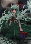  bow dark_clouds darkness ex-keine hat hat_removed headwear_removed holding holding_hat horns kamishirasawa_keine long_hair one-eyed red_eyes ribbon silver_hair smile tail touhou 