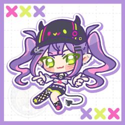  1girl belt black_shorts border chibi chibi_only commentary crop_top demon_tail ear_piercing fake_horns fishnet_thighhighs fishnets green_eyes grid_background hair_ornament hairclip highres hololive horned_headwear horns long_hair looking_at_viewer multicolored_hair murimuimui parallel_hairclips piercing pink_streaks purple_border purple_hair shorts sidelocks single_thighhigh streaked_hair tail tail_ornament tail_piercing thigh-highs tokoyami_towa tokoyami_towa_(1st_costume) twintails untranslatable_commentary virtual_youtuber watermark 