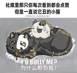  :< animal_focus arknights bilingual_text black_cat black_eyes cat chinese_commentary chinese_text commentary_request creature dragon_bean_(arknights) heterochromia lagelangri_tu looking_at_viewer lying mask mixed-language_text pleading_eyes sad tail tail_ornament tail_ring tearing_up translation_request wang's_cat_(arknights) wang_(arknights) yellow_eyes 