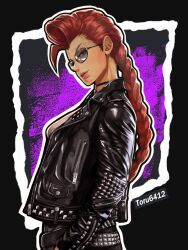  1girl alternate_costume artist_name belt black_choker black_jacket black_pants braid breasts choker commentary_request crimson_viper dark-skinned_female dark_skin fingerless_gloves from_side gloves hand_in_pocket hands_in_pockets highres jacket leather leather_jacket leather_pants lips lipstick long_hair looking_at_viewer makeup open_clothes open_jacket pants pompadour punk red_hair single_braid smile solo street_fighter street_fighter_iv_(series) studded_belt studs sunglasses to-ru very_long_braid 