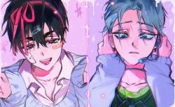  2boys alien_stage bandaid bandaid_on_face black_eyes black_hair choker commentary earrings gauze gauze_on_cheek green_eyes green_shirt grey_choker grey_hair grey_sweater hair_ornament hairclip headset heart heart-shaped_pupils highres ivan_(alien_stage) jewelry microphone multiple_boys official_alternate_costume pink_ribbon potgaiii red_pupils ribbon shirt short_hair sweater symbol-shaped_pupils thick_eyebrows till_(alien_stage) untranslatable_commentary very_short_hair 