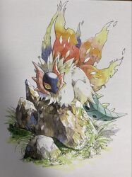  blue_tail bug cross-shaped_pupils grass highres insect_wings izumi_asuka moth moth_wings multiple_wings no_humans orange_wings pokemon pokemon_(creature) pokemon_focus rock slither_wing solo symbol-shaped_pupils tail traditional_media white_background white_fur wings yellow_eyes 