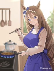  1girl absurdres animal_ears apron blue_apron blue_eyes blue_skirt blush bow braid breasts brown_hair chopsticks closed_mouth commentary_request cooking ear_bow fire food frying_pan hair_between_eyes highres holding holding_chopsticks holding_frying_pan horse_ears horse_girl horse_tail kitchen large_breasts long_hair looking_at_viewer multicolored_hair naoyuki_arts skirt smile solo spatula spoon stove streaked_hair super_creek_(umamusume) sweater tail umamusume very_long_hair white_hair white_sweater 