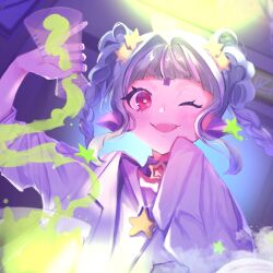  1girl blush braid choker fangs green_pupils hair_intakes hair_ornament indie_virtual_youtuber lab_coat looking_at_viewer multicolored_hair one_eye_closed open_mouth piapi_ufo piapi_ufo_(1.0) purple_streaks shirt star_(symbol) star_choker star_hair_ornament streaked_hair symbol-shaped_pupils twin_braids violet_eyes virtual_youtuber white_shirt 