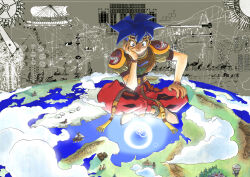  1boy alternate_hair_color ark_(tenchi_souzou) baggy_pants blue_hair boat closed_mouth clouds commentary_request fujiwara_kamui full_body giant headband highres male_focus official_art pants planet revision short_hair short_sleeves smile solo spiky_hair tenchi_souzou watercraft 